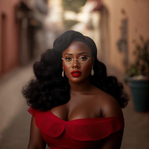 the most beautiful 1950s nubian Rubenesque woman   Chesnut hair in a pompadour   red cat eye glasses   freckles on her cheeks   walking through an olde town aesthetic in a red tulle skirt   full figured   dark academia aesthetic  hyper detailed, intricate details  photorealistic  sharp focus   cinematic lighting   Sony a7R IV camera, Meike 85mm F1.8   hyper realistic   Artstation   Gonzalo canepa