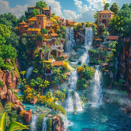 the most wonderful photorealistic waterfall landscape with houses and a beach. Gorgeous beautiful neon huge plants. Magical. Use warm colors yellow orange peach