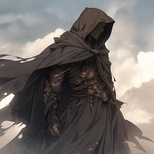 the spirit of a mysterious warrior in a brown cloak and hood up in the sky, fantasy, high quality, high detail, complex design, --niji 5