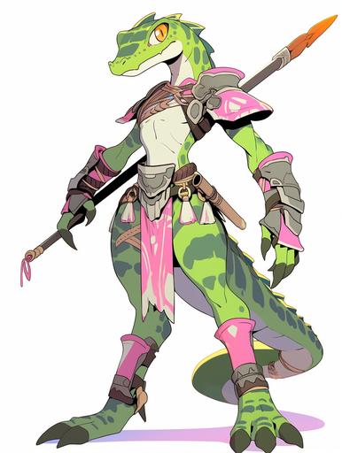 this as a female green lizard warrior from jrpg character, 2d, sketch, full body, white background --ar 3:4 --niji