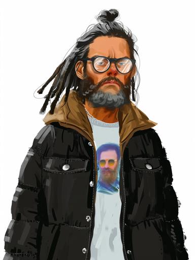 this as a male modern character, hipster, 40 years old, white background, 2d, sketch, digital drawing --ar 3:4 --v 6.0