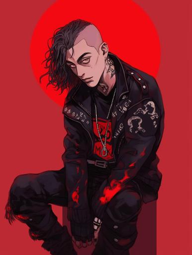 this as a male punk vampire character, full body, dynamic portrait, wearing a punk chocker, front view, red background, relaxed look --ar 3:4 --niji
