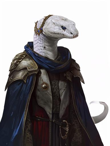 this as a male snake dungeons and dragons character, royal luxury medieval clothes, white snake head, pale white skin, 2d, sketch, digital drawing --ar 3:4 --v 6.0