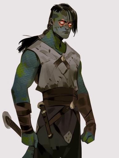 this as a male yuan-ti warrior character from dungeons and dragons, snake eyes, some green pieces of skin, half human half snake, white background, digital drawing, 2d, sketch --ar 3:4 --niji