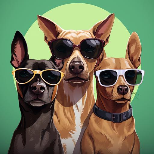 three dogs, cartoon stile, pixel style, sunglasses