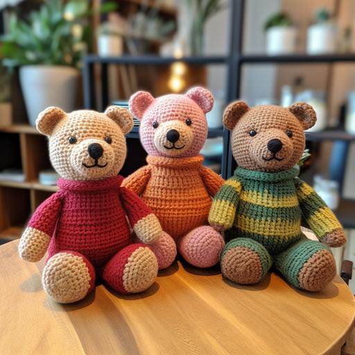 three sitting crochet teddy bears, arranged to be sold