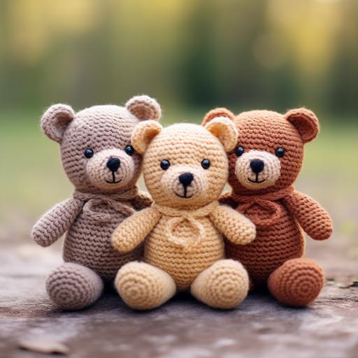 three sitting crochet teddy bears; subtle, blurred background