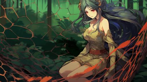 , trapped by net trap laying on the ground in forest, anime style , --ar 16:9 --v 5.1