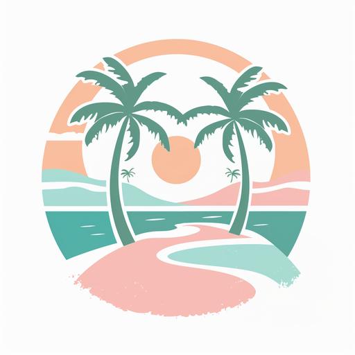 : travel themed logo with beach scene and palm trees on the sides in colors pink, peach, light blue, mint green --v 6.0