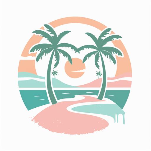 : travel themed logo with beach scene and palm trees on the sides in colors pink, peach, light blue, mint green