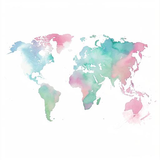 : travel themed logo with watercolor painting of the world in ombre shades of pink, light blue, mint green, lavender on a white background