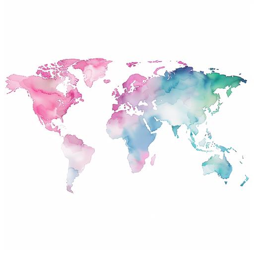 : travel themed logo with watercolor painting of the world in ombre shades of pink, light blue, mint green, lavender on a white background --v 6.0