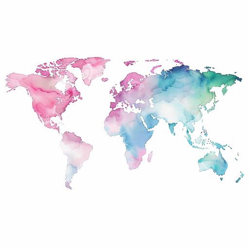 : travel themed logo with watercolor painting of the world in ombre shades of pink, light blue, mint green, lavender on a white background