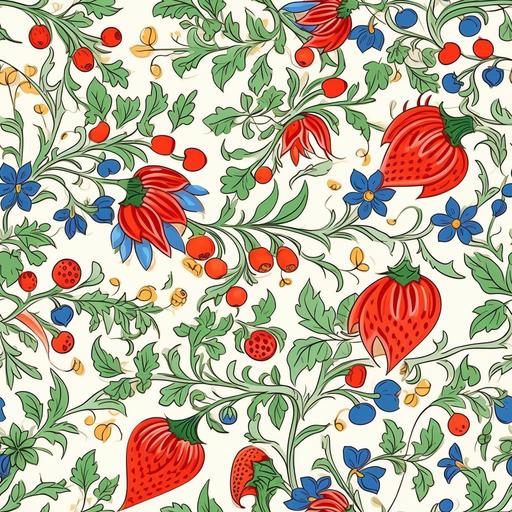 --tile , turkish style, delicate strawberry pattern with vines and leaves, vibrant colors, white background, precise linework