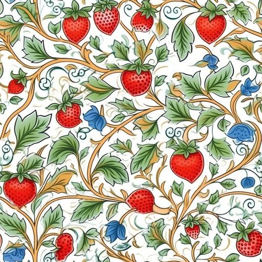 --tile , turkish style, delicate strawberry pattern with vines and leaves, vibrant colors, white background, precise linework