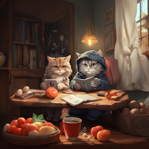 two cats, looking at smartphone, thinking about ordering food, semirealistic, cartoon