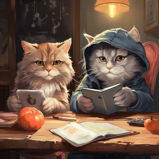 two cats, looking at smartphone, thinking about ordering food, semirealistic, cartoon