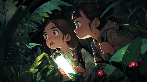 two girls looking for clues under a banana tree with a flashlight at night, a look of concern on their faces as they stare at a large animal footprint --niji 5 --ar 16:9 --v 5.1