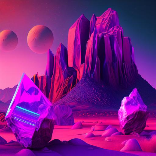 ultra futuristic desert with neon colors on it rocks purple crystal alien skyscrapers and mountains with magic