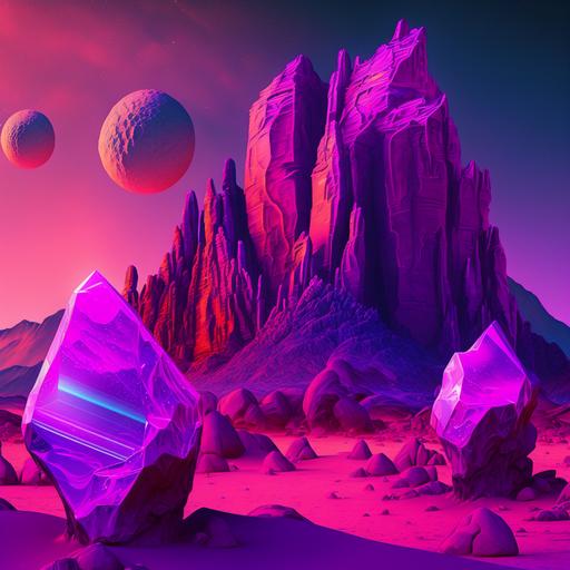 ultra futuristic desert with neon colors on it rocks purple crystal alien skyscrapers and mountains with magic