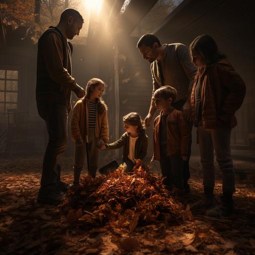 unreal engine 5, dramatic lighting, 6 person blended family raking leaves . bottom of picure fades to dark-ar9:11