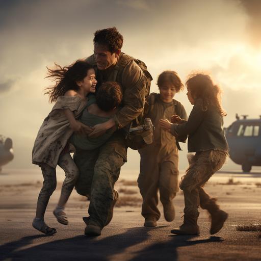 unreal engine 5, dramatic lighting, 6 person blended family hugging their fatheras he runs for a hug on a military tarmac in a usa marine unifrm. kids crying . bottom fades to dark-ar9:11
