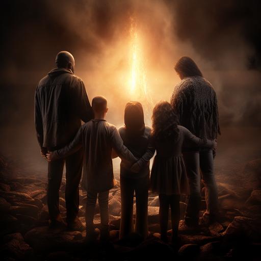 unreal engine 5, dramatic lighting, 6 person blended family holding hands in prayer . bottom of picure fades to dark-ar9:11 - Image #1 @pichunter