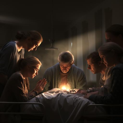 unreal engine 5, dramatic lighting, 6 person blended familyholding hands and praying over hospital bed of grandma. bottom of picure fades to dark-ar9:11