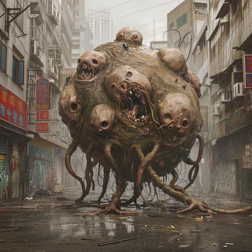 very high resolution, very high detail, ultra photorealistic image of a dirty blob with many heads and faces and arms and legs sticking out, it is crawling and twisting down a dirty city street with trash and debris, graffiti on the buildings, in a damaged modern muddy city, in the rain, photorealistic, very high detail, very high resolution --v 6.0