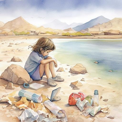 watercolor illustration of a little girl on the beach playing with sand string around a lot of trash and dishes bottle of water McDonald bags trash with a lake and moutains on the background environnement prévention