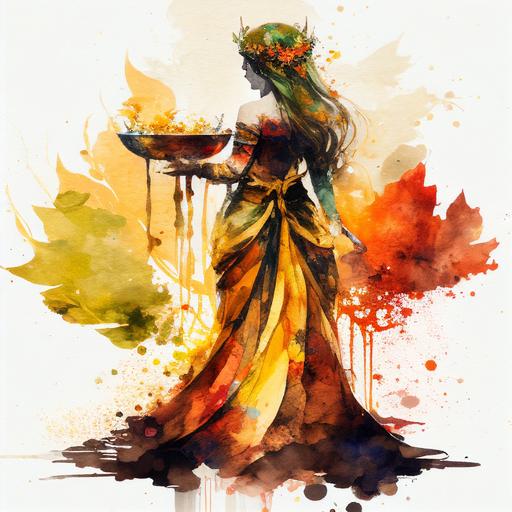 watercolor image of a goddess seen from behind, flowing colors, cinematic, offering dish, scepter, dramatic lighting, autumn colors, green and amber