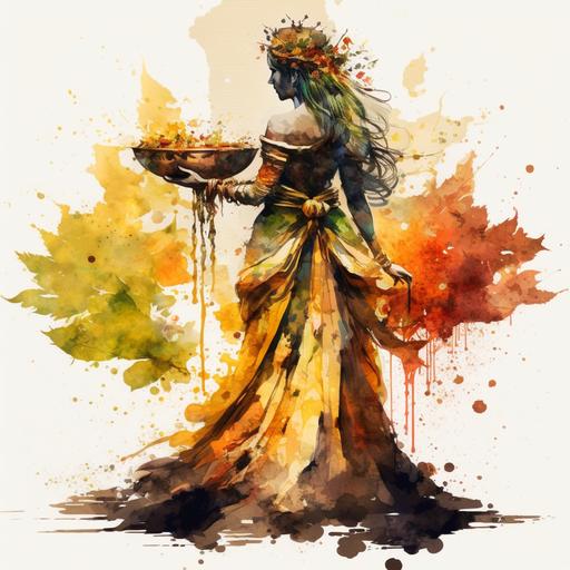 watercolor image of a goddess seen from behind, flowing colors, cinematic, offering dish, scepter, dramatic lighting, autumn colors, green and amber