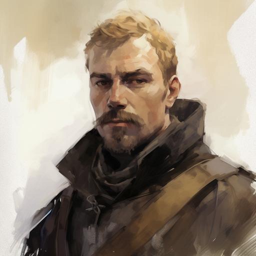 watercolor portrait of a male noble, inquisitive look,blonde caesar haircut, angular face, Thick blonde rectangular moustache, wearing elegant brown garment and scarf, dark background, dark fantasy style, symbaroum art style, richard mann art style, martin grip