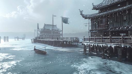 a medieval asian port: : 2 ocean frozen over : :5 winter, realistic render: : 2 water frozen over: : 4 --ar 16:9 --no town --v 6.0