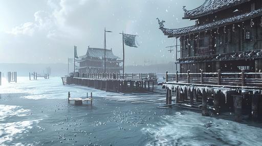 a medieval asian port: : 2 ocean frozen over : :5 winter, realistic render: : 2 water frozen over: : 4 --no town, boats --v 6.0 --ar 16:9