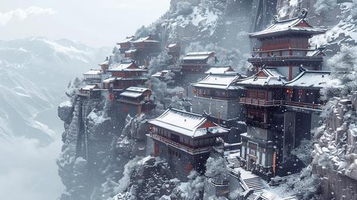 an ancient city: : 3 built vertically into a mountain cliff: : 5 snowy, realistic render, Hokkaido: : 3 --ar 16:9 --v 6.0