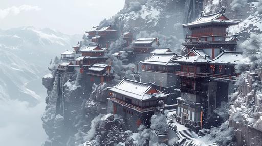 an ancient city: : 3 built vertically into a mountain cliff: : 5 snowy, realistic render, Hokkaido: : 3 --ar 16:9 --v 6.0