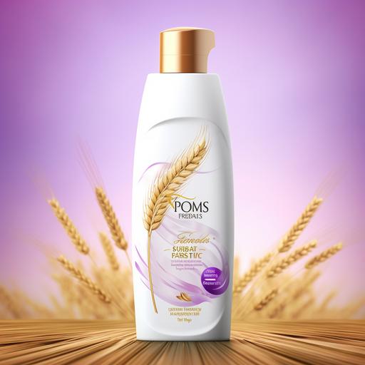 , white shampoo bottle with purple label wheat illustration bg, beautiful oil drop --v 5.2