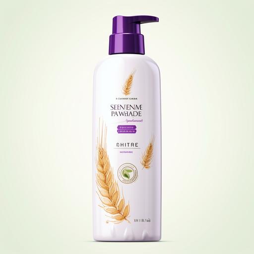 , white shampoo bottle with purple label wheat illustration bg, beautiful oil drop --v 5.2