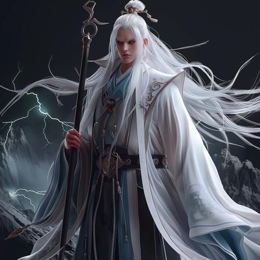 with a crooked staff, recieving lightning tribulation, in sky above mountains, dark, crackling electricity, god, donghua, windy, stormy, cloudy, whirlwind of dark cloud and lightning, male, long white hair, character --v 6.0