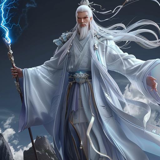 with a crooked staff, recieving lightning tribulation, in sky above mountains, dark, crackling electricity, god, donghua, windy, stormy, cloudy, whirlwind of dark cloud and lightning, male, long white hair, character
