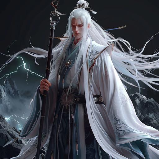 with a crooked staff, recieving lightning tribulation, in sky above mountains, dark, crackling electricity, god, donghua, windy, stormy, cloudy, whirlwind of dark cloud and lightning, male, long white hair, character