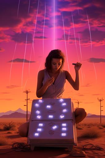 , woman climbing a pylon tower, scaffolding, metal tower, metal trusses, vaporwave, vhs markings and artifacts, symbol, retro tech, glowing lights, outside in a desert landscape --ar 2:3