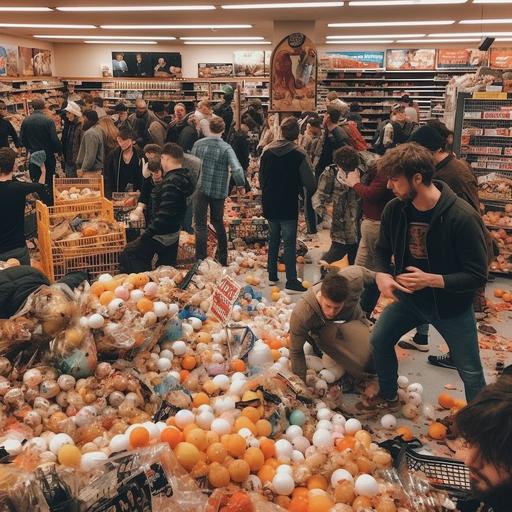 🥚 wrestling people in a supermarket on a easter egg super sale, big chaos, desperate, millions of broken eggs, police intervention, civil war, cinematic --s 750 --v 5
