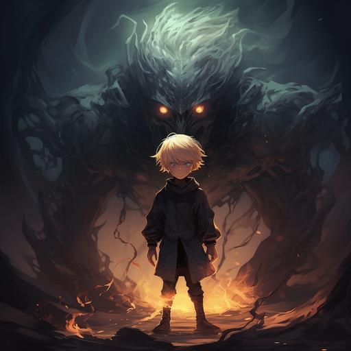 young blonde boy with dark powers to summon a colosal shadow monster, battle pose, digital art, fantasy, high detail, high quality, complex design, anime style