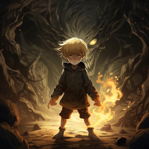 young blonde boy with dark powers to summon a colosal shadow monster, battle pose, digital art, fantasy, high detail, high quality, complex design, anime style