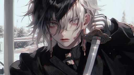 young man, black and white hair, black attire, wielding a sword, hyper clear image quality, exceptionally detailed, ultra high definition --niji 5 --stylize 1000 --ar 16:9