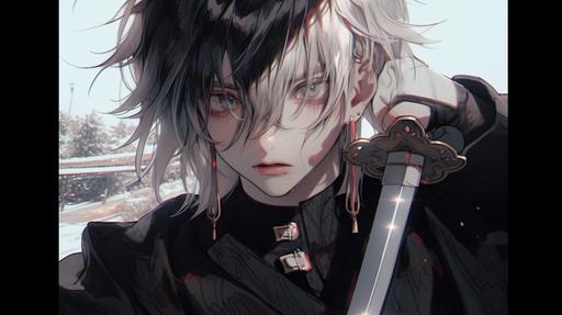 young man, black and white hair, black attire, wielding a sword, hyper clear image quality, exceptionally detailed, ultra high definition --niji 5 --stylize 1000 --ar 16:9