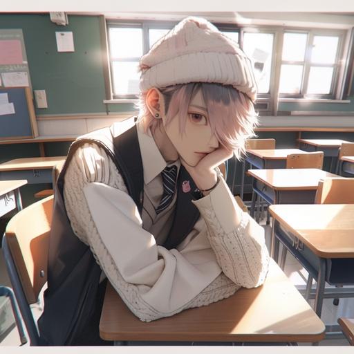 young man, full body, white cap, light hair, japanese uniform, gray jacket, grey striped ties, black checked pants, sitting at a desk, schoolroom as background --niji 5 --stylize 1000 --q 2