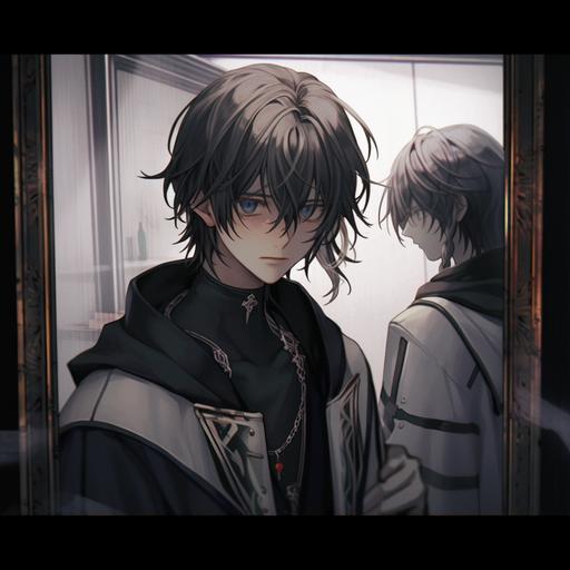 young man, looking in the mirror, sad face, black and white jacket, black shirt, necklace --niji 5 --stylize 1000 --q 2